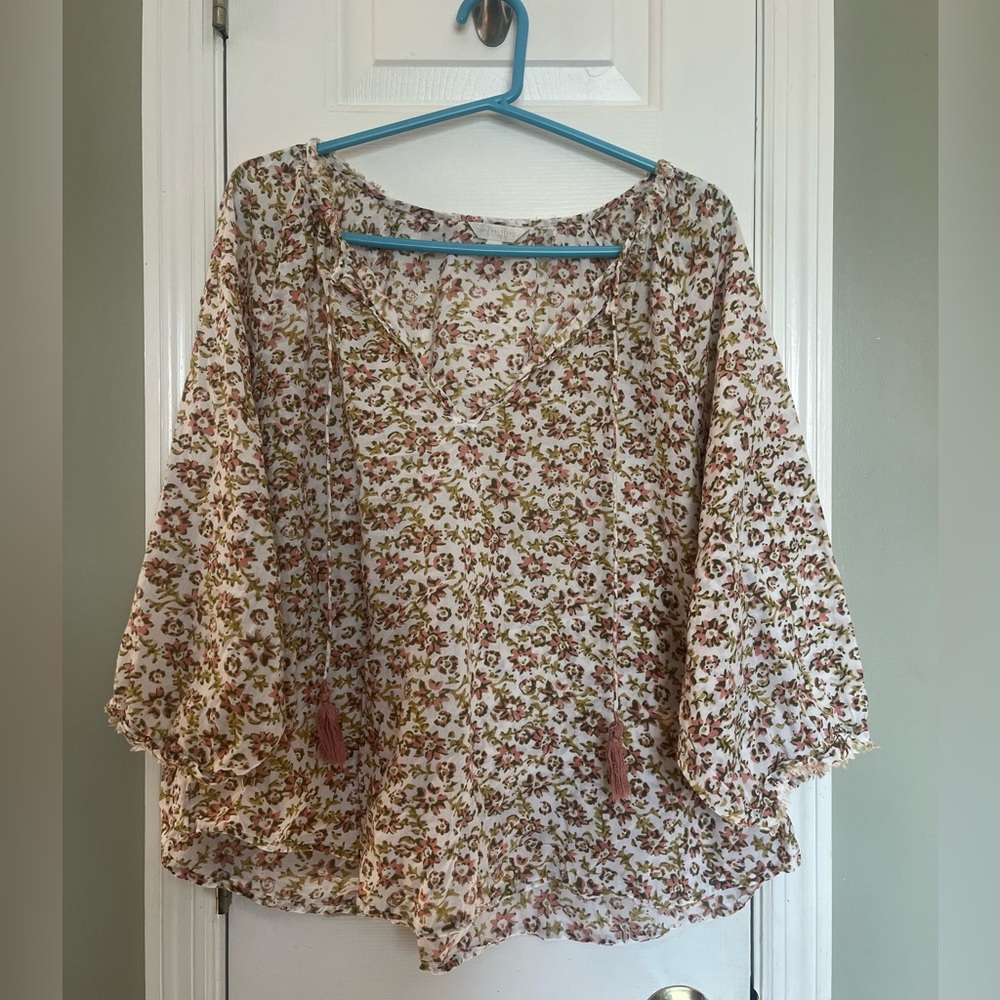 Voloshin Boho Floral 100% Cotton Tassel Peasant Poplin Blouse Top Size L b1